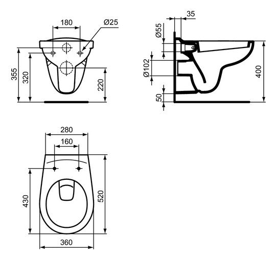 Ideal Standard Eurovit V390601 Wand-WC Tiefspüler 52 cm – Weiß glänzend
